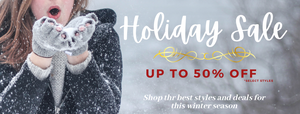 Winter holiday sale announcement. Up to 50 percent off Sitewide. 
