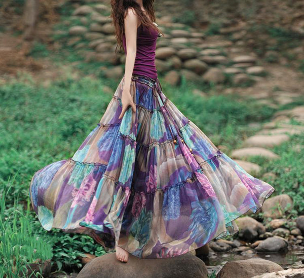 Floral Printed Pleated Chiffon Skirt-Bottoms-S-Coy Lifestyle