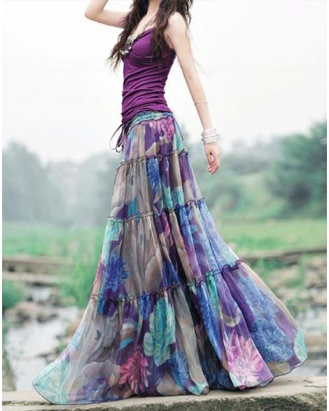 Floral Printed Pleated Chiffon Skirt-Bottoms-S-Coy Lifestyle