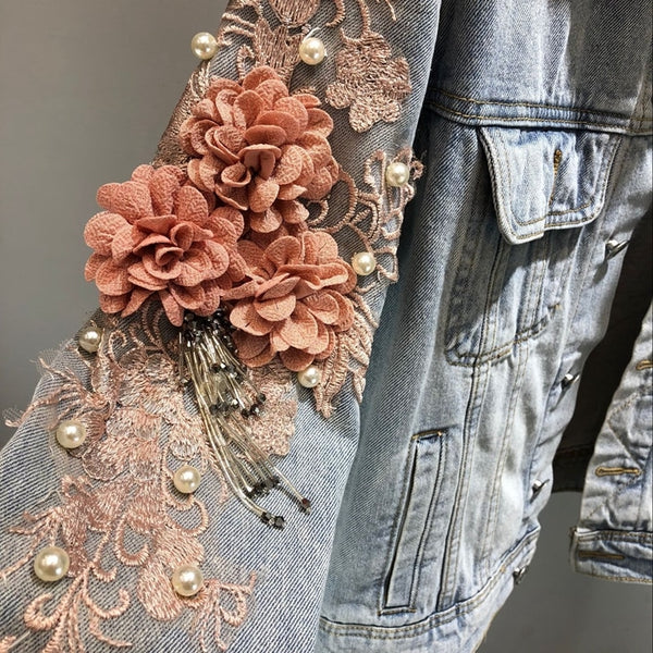 3D Embroidered Flower Pearl Bead Denim Jacket-Jacket-light blue-S-Coy Lifestyle